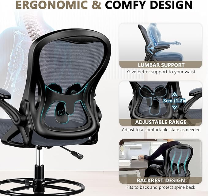 Drafting Chair, Tall Office Chair Ergonomic Standing Desk chair, Lumbar Support Computer Chair Swivel Task Rolling Chair with Adjustable Flip-up Armrests & Foot Ring (Dark Gray) - LeafyLoom