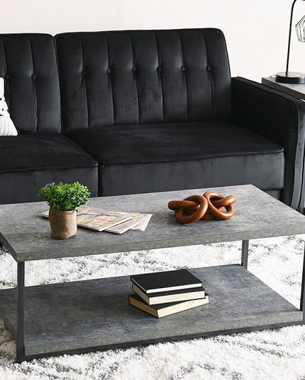 Household Essentials Jamestown Rectangular Coffee Table with Storage Shelf Rustic Slate Concrete and Black Metal, Grey - LeafyLoom
