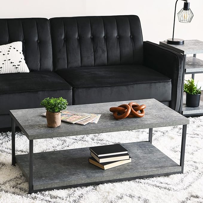 Household Essentials Jamestown Rectangular Coffee Table with Storage Shelf Rustic Slate Concrete and Black Metal, Grey - LeafyLoom