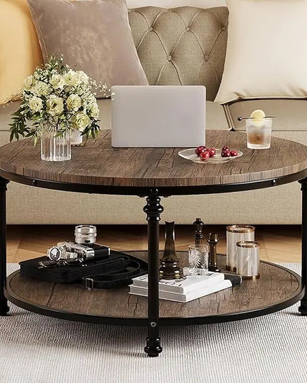 GAOMON Round Coffee Table Living Room 34.25in Rustic Circle Center Table with Storage Shelf 2-Tier Modern Wood Coffee Table Metal Frame, Easy Assembly(Light Walnut) - LeafyLoom