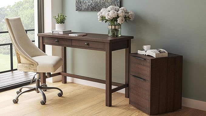 Signature Design by Ashley Camiburg Modern Home Office Writing Desk with Drawers, Warm Brown - LeafyLoom