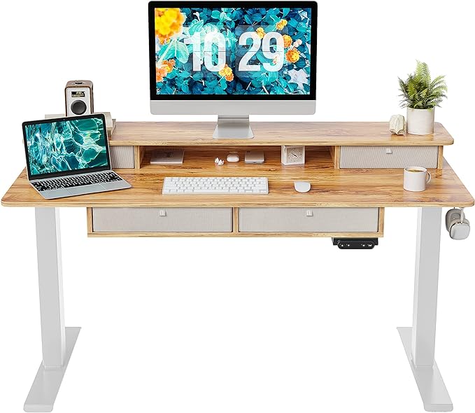FEZIBO Sturdy Height Adjustable Electric Standing Desk with Drawers, 55 x 24 Inch Stand Up Table with Large Storage Shelf, Sit Stand Desk, Light Rustic Brown Top - LeafyLoom