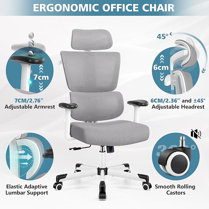 Primy Office Chair Ergonomic Desk Chair, High Back Computer Gaming Chair, Comfy Big and Tall Home Office Chair with Lumbar Support, Breathable Mesh Reclining Chair Adjustable Armrests Headrest(Gray) - LeafyLoom