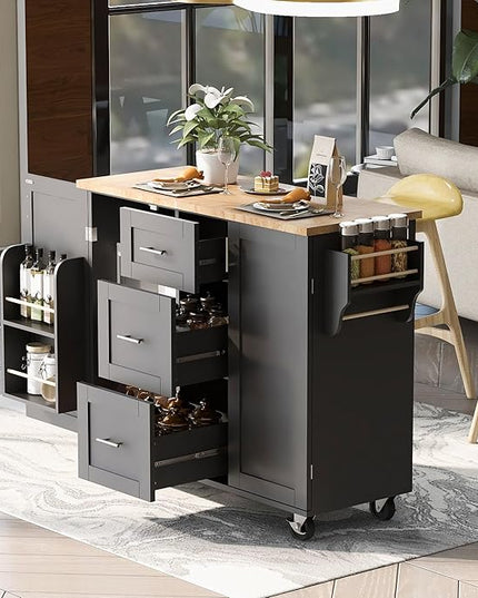 Kitchen Island with Storage, Spice Rack & Tower Rack, Mobile Rolling Kitchen-Cart on Wheels w/Rubber Wood Top, 3 Drawer, 2 Slide-Out Shelf and Internal Storage Rack - LeafyLoom