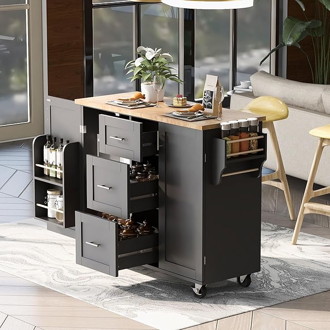 Kitchen Island with Storage, Spice Rack & Tower Rack, Mobile Rolling Kitchen-Cart on Wheels w/Rubber Wood Top, 3 Drawer, 2 Slide-Out Shelf and Internal Storage Rack - LeafyLoom
