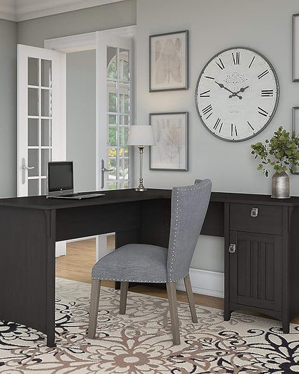 Bush Furniture Salinas L Shaped Desk with Storage in Vintage Black | Modern Farmhouse Corner Table with Drawers and Cabinets for Home Office - LeafyLoom