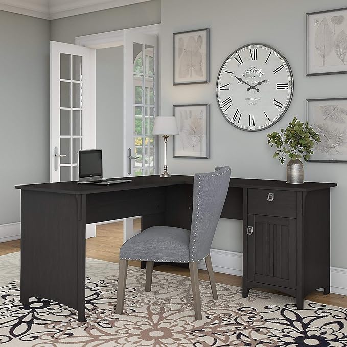 Bush Furniture Salinas L Shaped Desk with Storage in Vintage Black | Modern Farmhouse Corner Table with Drawers and Cabinets for Home Office - LeafyLoom