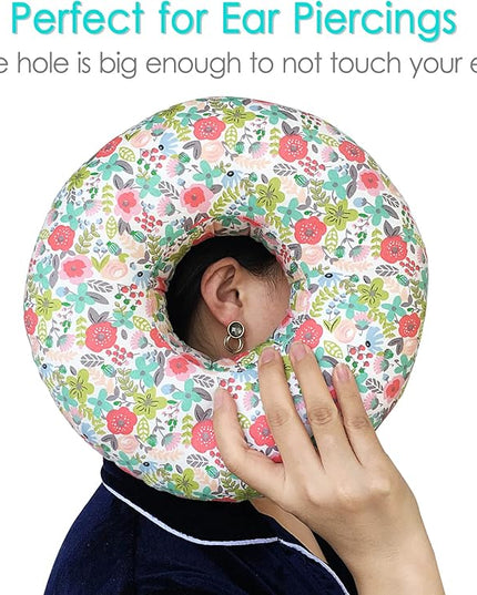 Piercing Pillow Ear Pillows Floral Print Donut with Hole for Ear Pain CNH, Piercing, Pain Relief Sleeping, Pressure Sore, Side Sleepers, Headphones (Camellia) - LeafyLoom