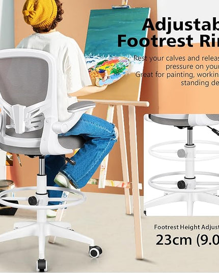 MINLOVE Drafting Office Chair, Ergonomic Tall Office Chair with Flip-up Armrests Executive Ergonomic Computer Standing Desk Chair with Lumbar Support and Adjustable Footrest(Gray) - LeafyLoom