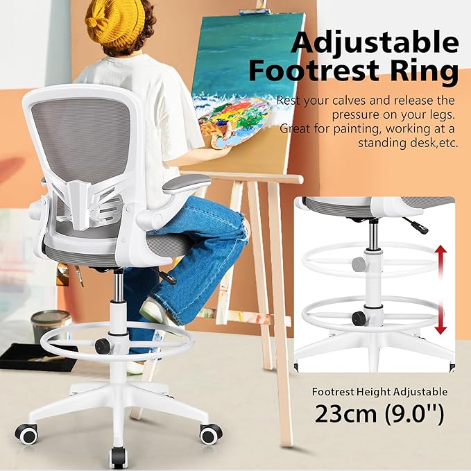 MINLOVE Drafting Office Chair, Ergonomic Tall Office Chair with Flip-up Armrests Executive Ergonomic Computer Standing Desk Chair with Lumbar Support and Adjustable Footrest(Gray) - LeafyLoom