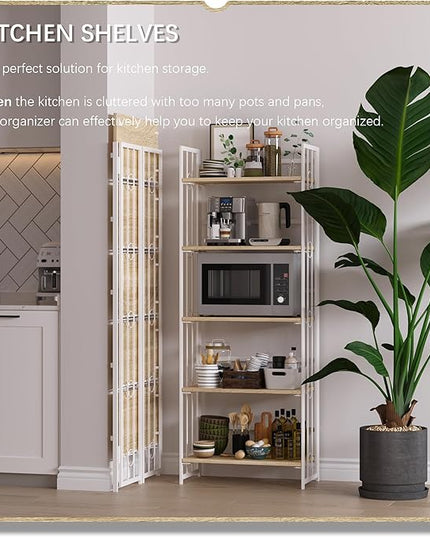 4NM No-Assembly 5 Tiers Folding Bookshelf Storage Shelves Vintage Bookcase Standing Racks Study Organizer Home Office - Natural and White - LeafyLoom