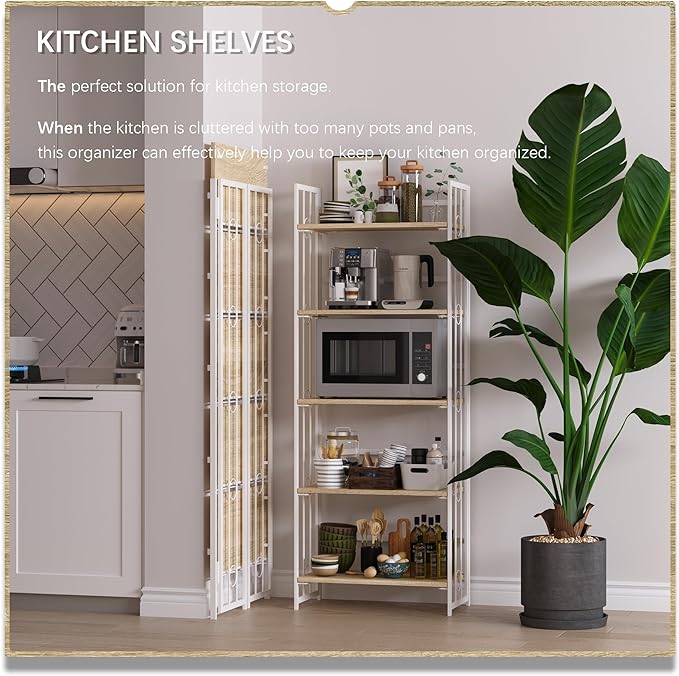 4NM No-Assembly 5 Tiers Folding Bookshelf Storage Shelves Vintage Bookcase Standing Racks Study Organizer Home Office - Natural and White - LeafyLoom
