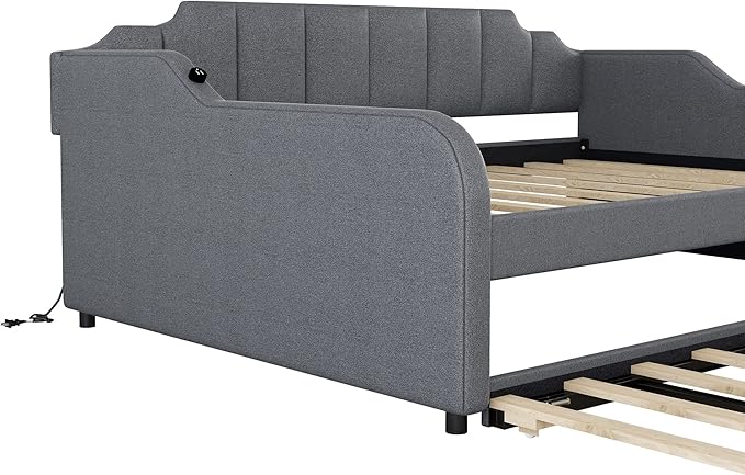 Full Size Daybed Frame with Pop up Trundle,Upholstered Day Bed with Charging Station,Daybed with Trundle Bed Full,Wood Sofa Bed Frame with USB for Bedroom, Living Room,Guest,Office,Full,Gray - LeafyLoom
