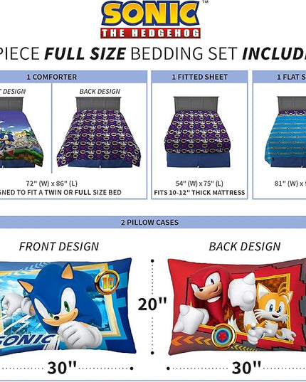 Franco Kids Bedding Super Soft Comforter and Sheet Set, 5 Piece Full Size, Sonic The Hedgehog, Anime - LeafyLoom