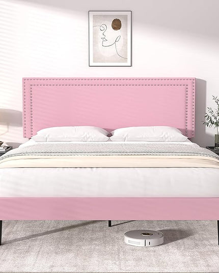 VECELO Queen Size Platform Bed Frame with Height Adjustable Upholstered Headboard, Modern Mattress Foundation,Strong Wood Slat Support, No Box Spring Needed, Easy Assembly - LeafyLoom