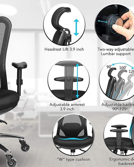 Duramont Ergonomic Office Chair - Adjustable Desk Chair with Lumbar Support and Rollerblade Wheels - High Back Chairs with Breathable Mesh - Thick Seat Cushion, Head, and Arm Rests - Reclines - LeafyLoom