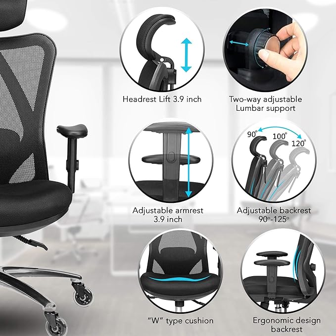 Duramont Ergonomic Office Chair - Adjustable Desk Chair with Lumbar Support and Rollerblade Wheels - High Back Chairs with Breathable Mesh - Thick Seat Cushion, Head, and Arm Rests - Reclines - LeafyLoom