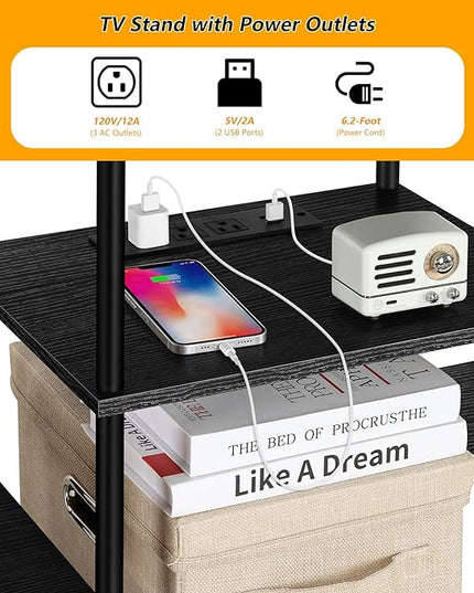 OYEAL Black Bedroom TV Stand with Storage Cabinet up to 50 inch TV, Small TV Console Table with Power Outlets 45 inch Media Entertainment Center for Living Room Bedroom - LeafyLoom