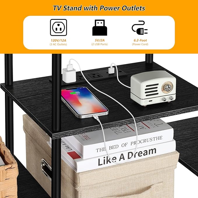 OYEAL Black Bedroom TV Stand with Storage Cabinet up to 50 inch TV, Small TV Console Table with Power Outlets 45 inch Media Entertainment Center for Living Room Bedroom - LeafyLoom