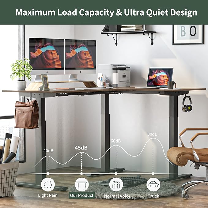 FEZIBO Triple Motor L-Shaped Electric Standing Desk, 63 Inches Height Adjustable Stand up Corner Desk, Sit Stand Workstation with Splice Board, Black Frame/Black Walnut Top - LeafyLoom