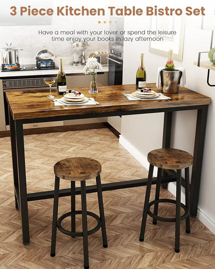 Recaceik 3 Piece Pub Dining Set, Modern bar Table and Stools for 2 Kitchen Counter Height Wood Top Bistro Easy Assemble for Breakfast Nook Living Room Small Space Restaurant, Rustic Brown 47" - LeafyLoom
