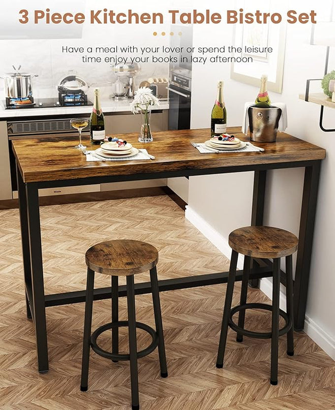 Recaceik 3 Piece Pub Dining Set, Modern bar Table and Stools for 2 Kitchen Counter Height Wood Top Bistro Easy Assemble for Breakfast Nook Living Room Small Space Restaurant, Rustic Brown 47" - LeafyLoom