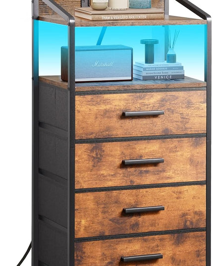 Nightstand 4 Drawer Dresser with LED Lights and Charging Station, Vertical Side Table with Fabric Drawers, End Table with Open Shelf, Tall Dresser for Bedroom, Hallway, Entryway, Rustic Brown - LeafyLoom
