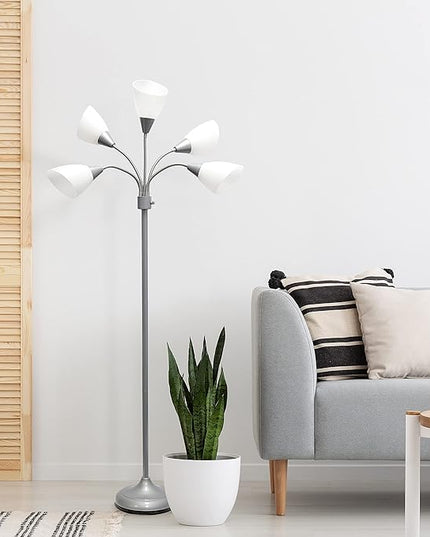 Simple Designs LF2006-SVW 67" Contemporary Multi Head Medusa 5 Light Adjustable Gooseneck Silver Floor Lamp with White Shades for Kids Bedroom Playroom Living Room Office - LeafyLoom