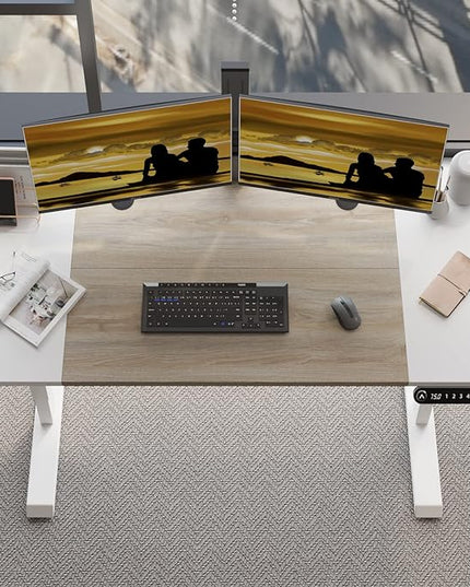Adjustable Height Electric Standing Desk - 55 x 24 Inch Sit Stand Computer Desk, Stand Up Desk Table for Home Office, White Frame/White + Oak Top - LeafyLoom