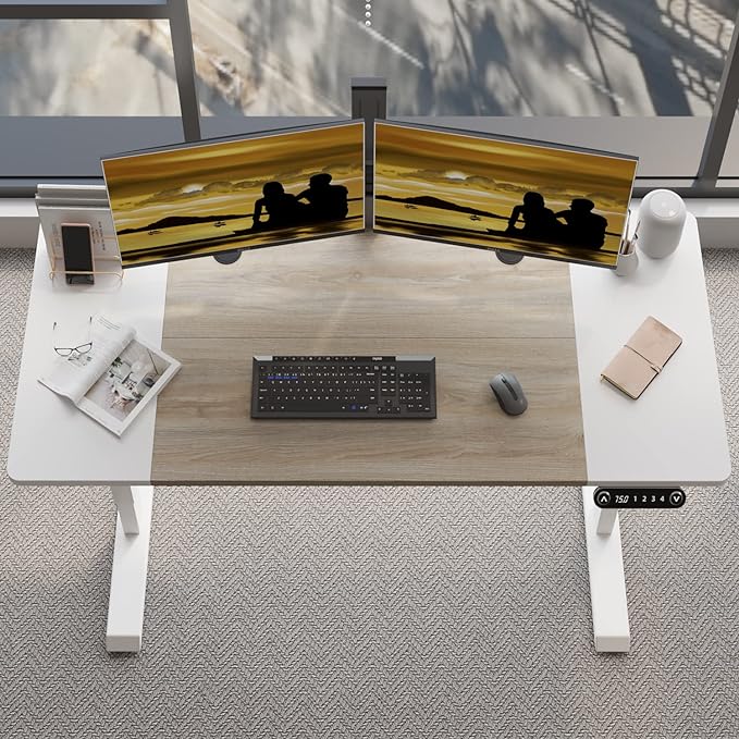 Adjustable Height Electric Standing Desk - 55 x 24 Inch Sit Stand Computer Desk, Stand Up Desk Table for Home Office, White Frame/White + Oak Top - LeafyLoom