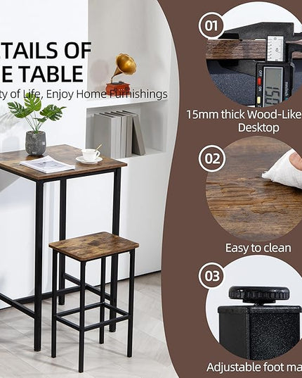 Finnhomy Bar Table, 23.6" Pub Table High Top Table, Square Bar Height Table, Counter Height Cocktail Table, Small Kitchen Table Set for 2, Breakfast for Kitchen, Living Room, Rustic Brown - LeafyLoom