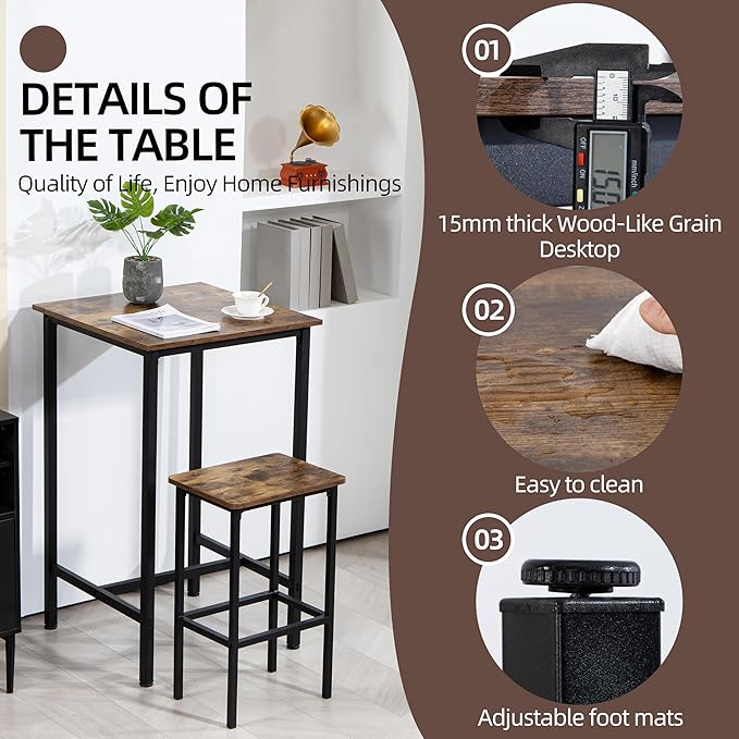 Finnhomy Bar Table, 23.6" Pub Table High Top Table, Square Bar Height Table, Counter Height Cocktail Table, Small Kitchen Table Set for 2, Breakfast for Kitchen, Living Room, Rustic Brown - LeafyLoom