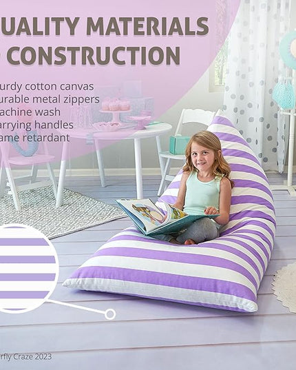 Butterfly Craze Bean Bag Chair Cover, Functional Toddler Toy Organizer, Fill with Stuffed Animals to Create a Jumbo, Comfy Floor Lounger for Boys or Girls, Stuffing Not Included, Purple Stripes - LeafyLoom