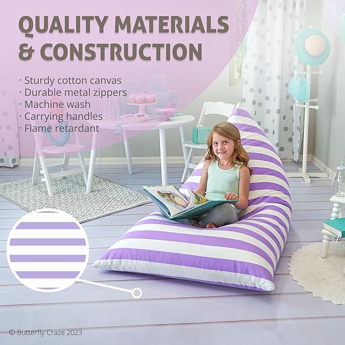 Butterfly Craze Bean Bag Chair Cover, Functional Toddler Toy Organizer, Fill with Stuffed Animals to Create a Jumbo, Comfy Floor Lounger for Boys or Girls, Stuffing Not Included, Purple Stripes - LeafyLoom