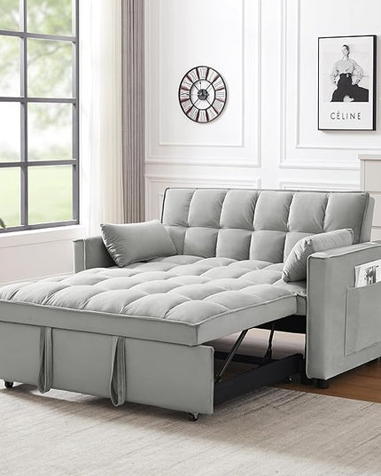 55" 3 in 1 Convertible Loveseat Futon Sofa Couch of Mordern Velvet w/Pullout Bed, Small Love Seat Lounge Sleeper w/Reclining Backrest, Toss Pillows, Pockets, Furniture for Living Room Bed - LeafyLoom