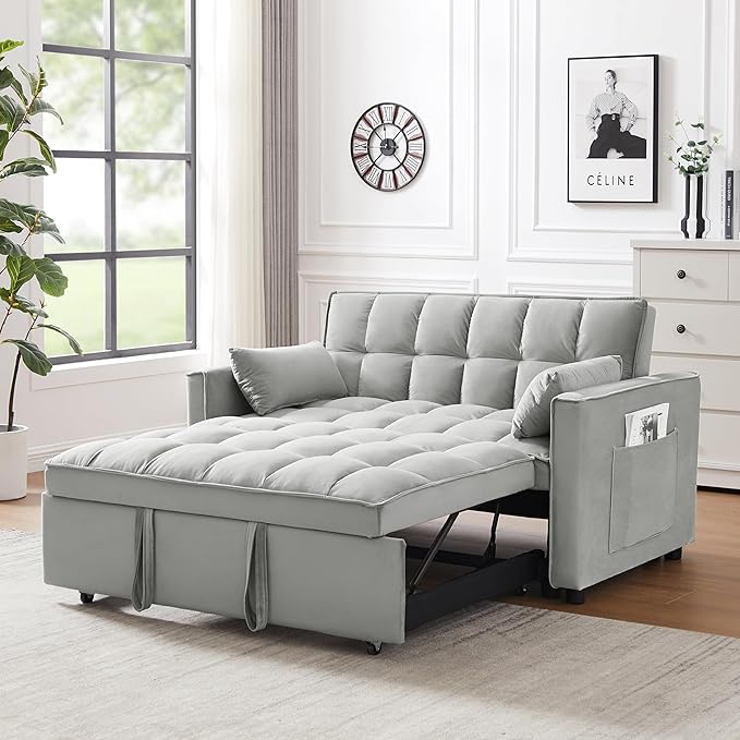 55" 3 in 1 Convertible Loveseat Futon Sofa Couch of Mordern Velvet w/Pullout Bed, Small Love Seat Lounge Sleeper w/Reclining Backrest, Toss Pillows, Pockets, Furniture for Living Room Bed - LeafyLoom