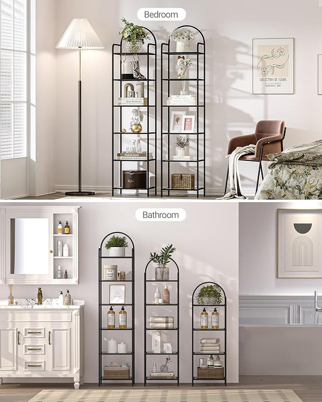 Bookcase Bookshelf, Tempered Glass Bookshelves, Slim Shelving Unit for Bedroom, Bathroom, Home Office, Steel Frame, 6 Tier Black BC10601B - LeafyLoom
