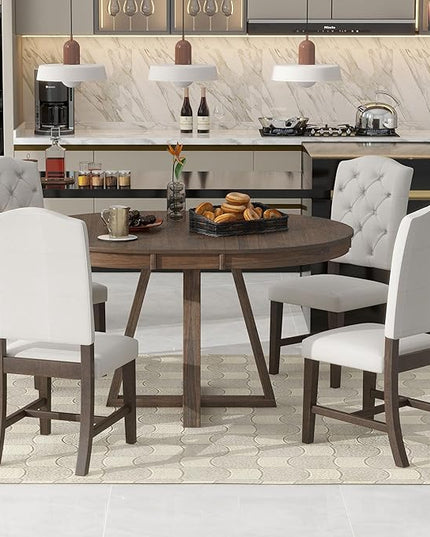 NicBex Small Dining Table Set for 4 Breakfast Nook Table Set 5-Piece Retro Functional Dining Set, Round Table with a 16" W Leaf and 4 Upholstered Chairs for Dining Room, Walnut - LeafyLoom