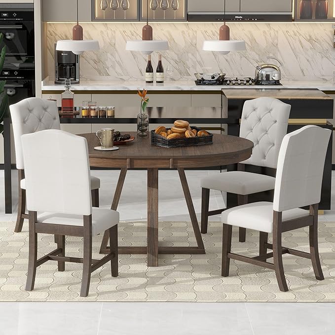NicBex Small Dining Table Set for 4 Breakfast Nook Table Set 5-Piece Retro Functional Dining Set, Round Table with a 16" W Leaf and 4 Upholstered Chairs for Dining Room, Walnut - LeafyLoom