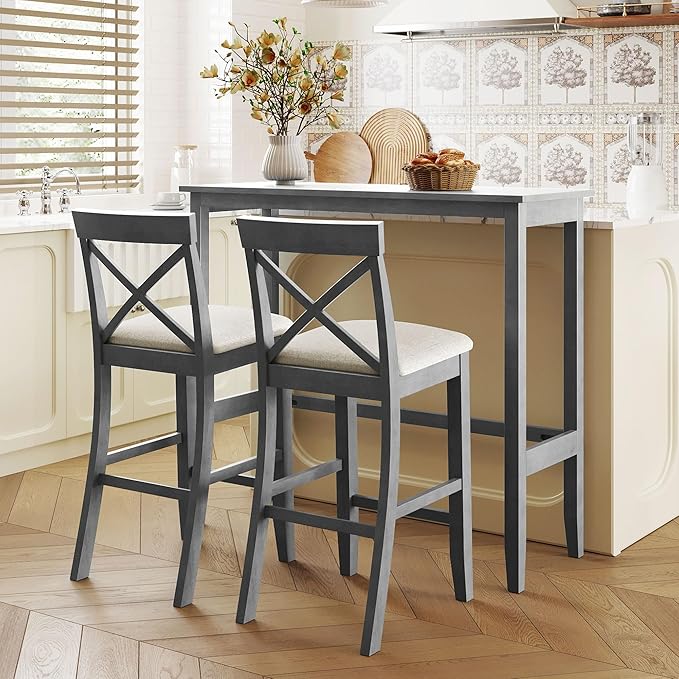 Farmhouse Style Rectangular Breakfast Nook with 2 Chairs, Solid Wood Multifunctional Bar Room, Kitchen, Small Place, 3 Piece Dining Table Set, Gray 6 - LeafyLoom