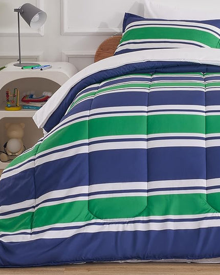 SLEEP ZONE Kids Rugby Twin Bedding Comforter Set - Super Cute & Soft Kids Bedding 5 Pieces Set with Comforter, Sheet, Pillowcase & Sham (Rugby Stripe Navy/Green) - LeafyLoom