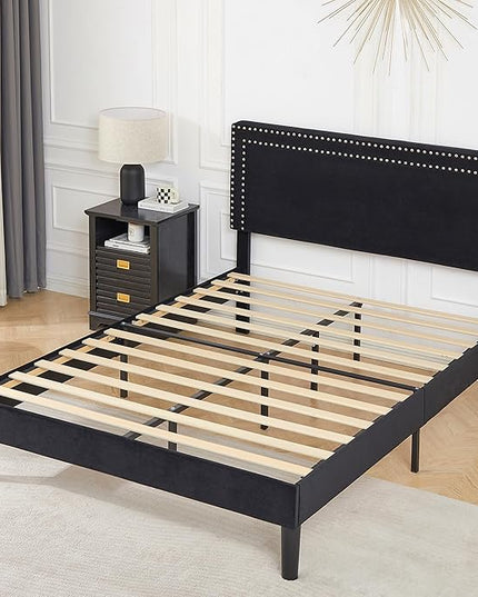 VECELO Full Size Platform Bed Frame with Adjustable Upholstered Headboard, Modern Mattress Foundation,Strong Wood Slat Support, No Box Spring Needed, Easy Assembly - LeafyLoom