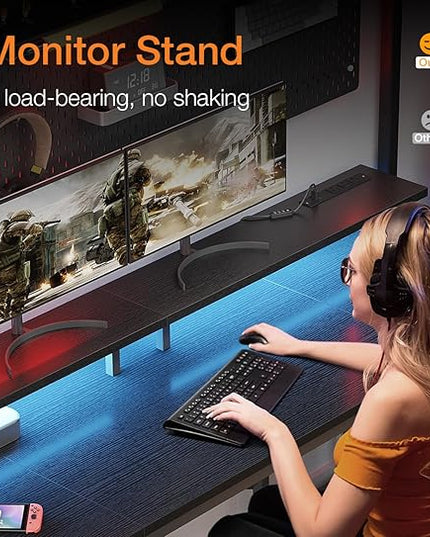 ODK 63 inch Computer Desk with Power Outlets & LED Lights, Gaming Desk with Monitor Stand & Storage Sheves, Home Office Desk, Black - LeafyLoom