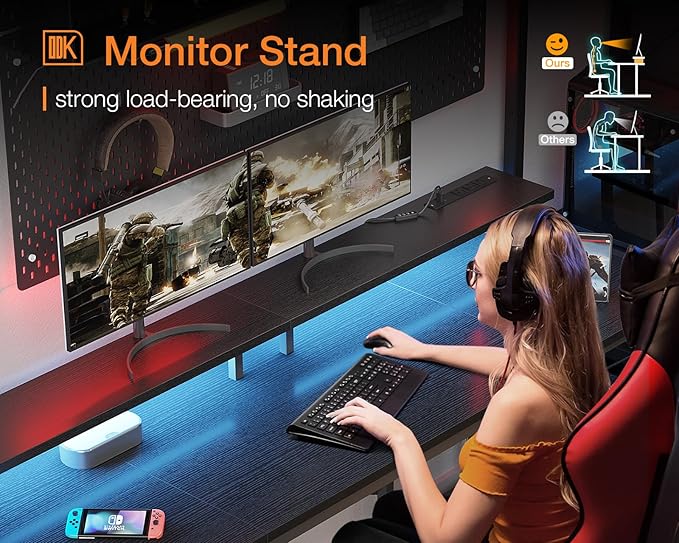 ODK 63 inch Computer Desk with Power Outlets & LED Lights, Gaming Desk with Monitor Stand & Storage Sheves, Home Office Desk, Black - LeafyLoom