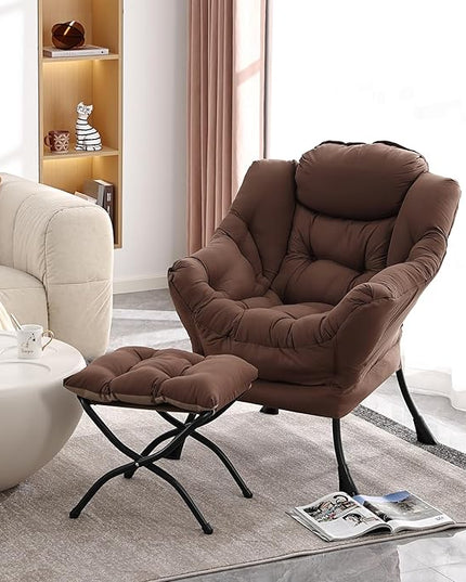 Lazy Chair with Ottoman, Modern Accent Chair Contemporary Lounge Leisure Upholstered Sofa Chair Set with Armrests, Reading Chair for Living Room, Bedroom, Office, Dark Brown - LeafyLoom