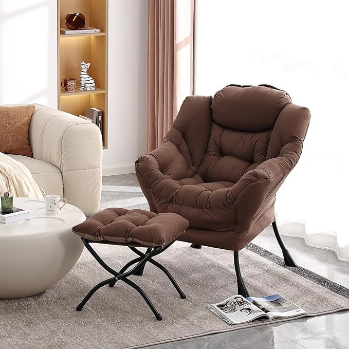 Lazy Chair with Ottoman, Modern Accent Chair Contemporary Lounge Leisure Upholstered Sofa Chair Set with Armrests, Reading Chair for Living Room, Bedroom, Office, Dark Brown - LeafyLoom