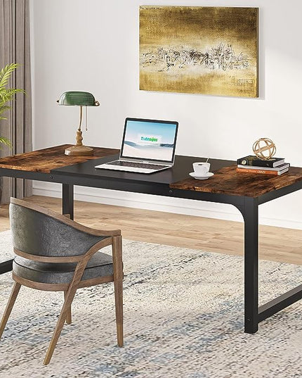 Tribesigns Modern Computer Desk, 63 x 31.5 inch Large Office Desk Computer Table Study Writing Desk Workstation for Home Office, Vintage Black Metal Frame - LeafyLoom