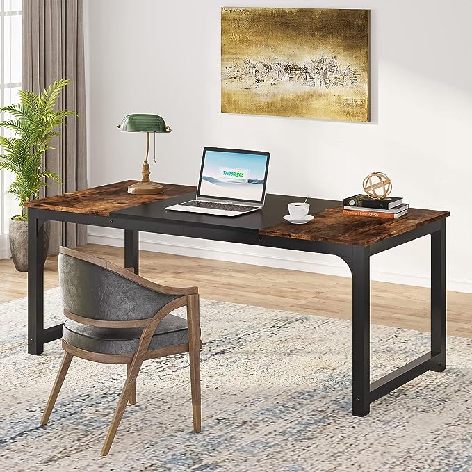 Tribesigns Modern Computer Desk, 63 x 31.5 inch Large Office Desk Computer Table Study Writing Desk Workstation for Home Office, Vintage Black Metal Frame - LeafyLoom