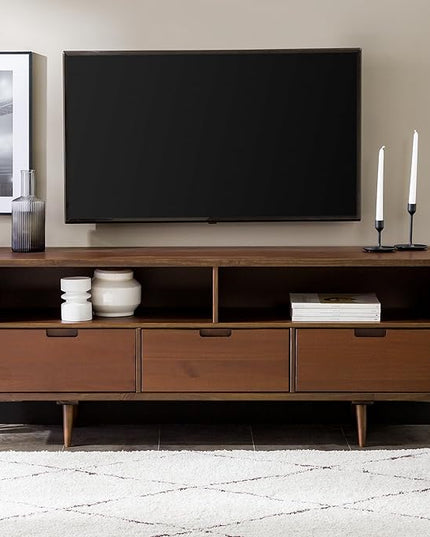Walker Edison 3-Drawer Mid Century Modern Wood TV Stand for TV's up to 65" Flat Screen Cabinet Door Living Room Storage Entertainment Center, 58 Inch, Walnut - LeafyLoom