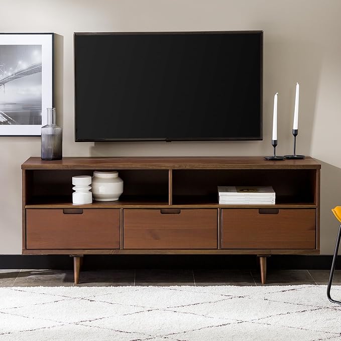 Walker Edison 3-Drawer Mid Century Modern Wood TV Stand for TV's up to 65" Flat Screen Cabinet Door Living Room Storage Entertainment Center, 58 Inch, Walnut - LeafyLoom
